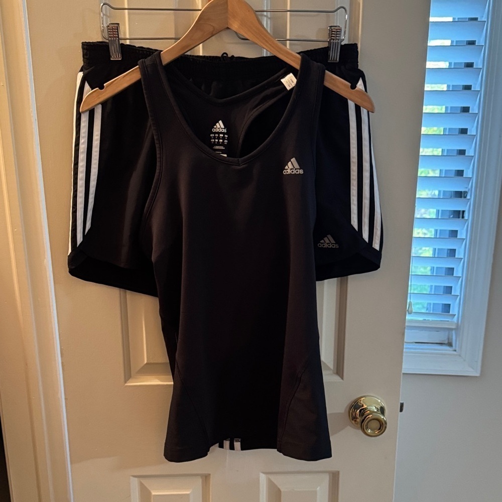 Adidas Black Athletic Tank and Shorts with White Stripes